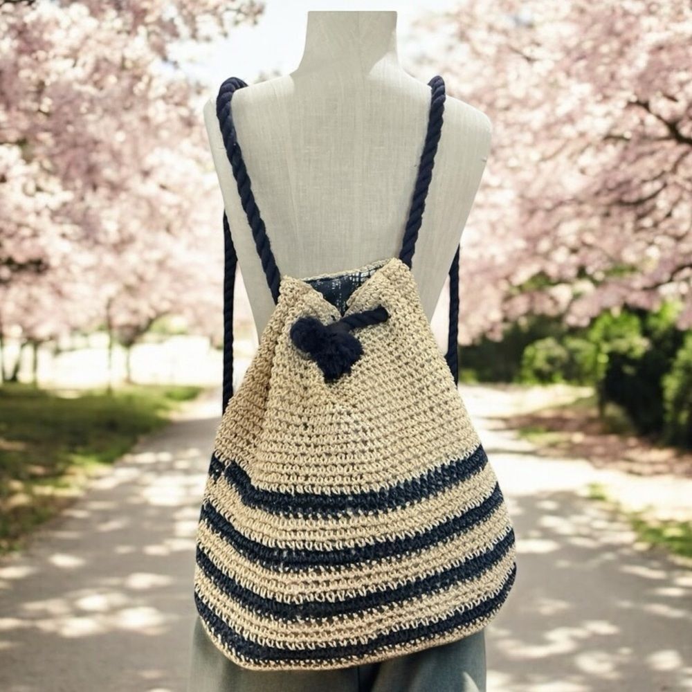 Cynthia Rowley Straw Drawstring Backpack Cream Navy Woven Boho Bag